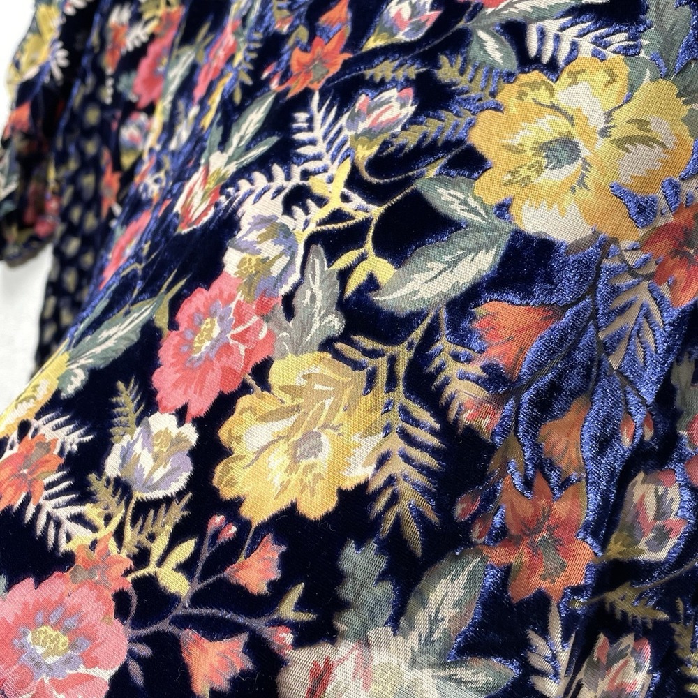 Johnny Was Velvet Burnout Blouse Women's L Blue Floral Print Kimono Sleeve Silk - Picture 11 of 15